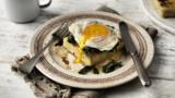Potato gratin, fried egg and spinach