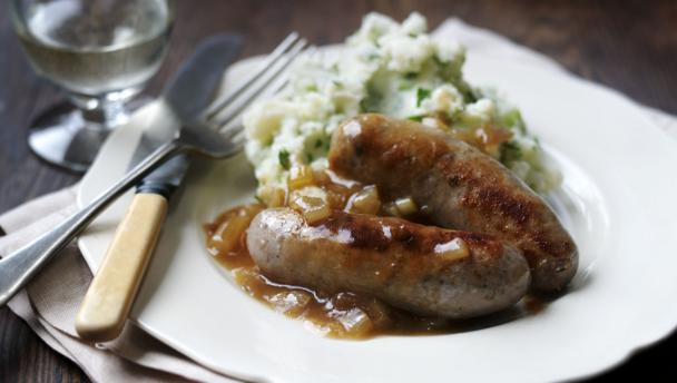 Bangers with herby mash and onion gravy