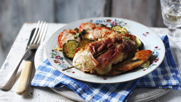 Chicken breast with cheese, ham and roasted courgettes
