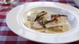 Butternut squash ravioli with fried sage leaves and sun-dried tomatoes
