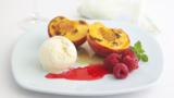 Caramelised peach melba with raspberry coulis