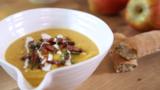 Celeriac and apple soup with bacon and parsley