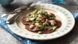 Herbed tuna carpaccio with pickled cucumber and bean salad