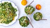 Kale and quinoa sauté with orange tahini dressing         