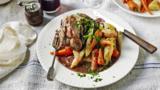 Lamb fore shanks with English vegetables