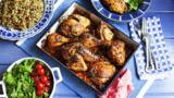 Oven-roasted chicken with sumac, pomegranate molasses, chilli and sesame seeds