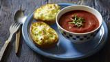 Roasted tomato and thyme soup with double-baked cheese and chive potatoes