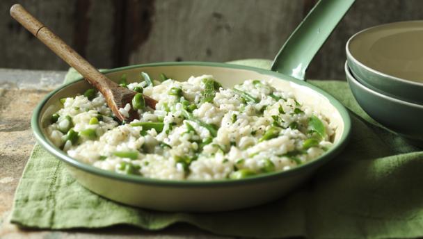 Broad bean and runner bean risotto