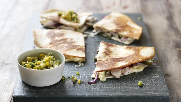 Chicken quesadillas and sweetcorn salsa