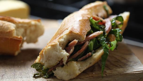 Ham and greens sandwich