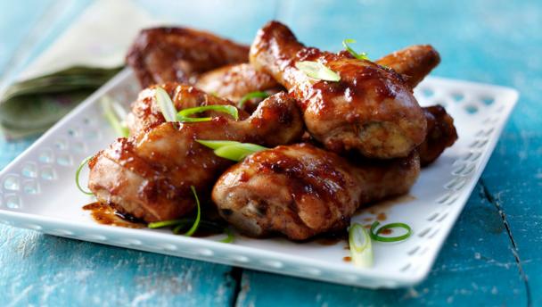 Sticky barbecue chicken wings and drumsticks