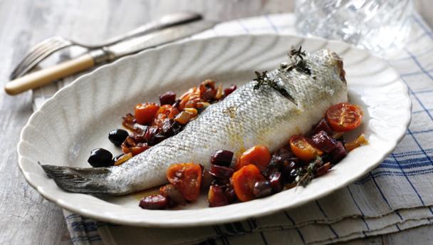 Roasted sea bass with chorizo, red onion and cherry tomatoes