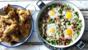 Deep-fried chicken wings al ajillo with braised peas and serrano ham with eggs