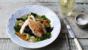 Poached chicken with carrots, kale and mushrooms